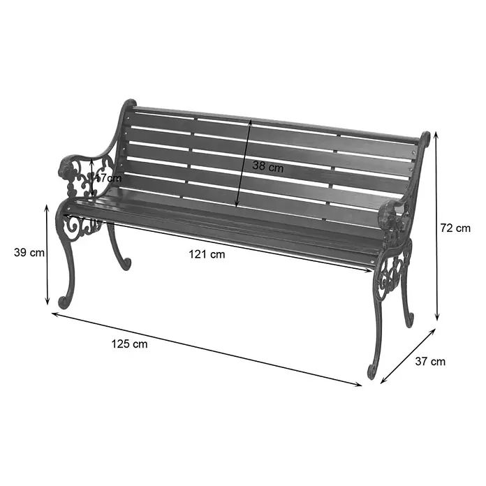 Proregal Gartenbank 2-Sitzer - B x T x H: 125 x 37 x 72 cm, Holz, Braun - Dunkle Gartenbank aus Metall und Holz mit Maßen.