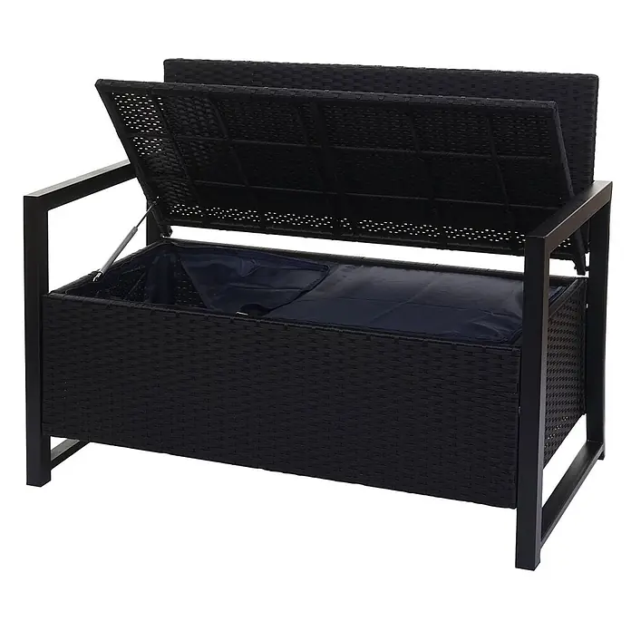 Proregal Gartenbank 2-Sitzer Kissen Beige - Polyester, Grau - Schwarze Rattan-Optik Outdoor-Aufbewahrungsbank mit offenem Deckel und sichtbarem blauem Innenfutter.