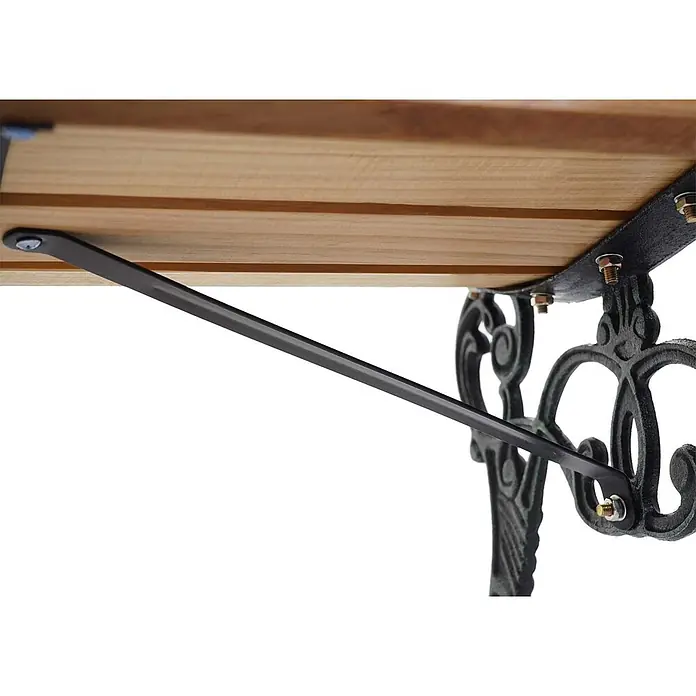 Proregal Gartenbank 2-Sitzer - B x T x H: 125 x 37 x 72 cm, Holz, Braun - Unterseite einer Bank mit hellen Holzlatten, einem schwarzen verzierten Gusseisenbein und einer schwarzen Metallstützstange, mit Schrauben befestigt.