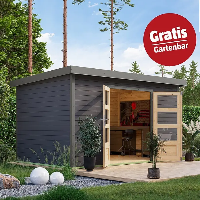 Karibu Gartenhaus Pluto 7 B - Außenmaß inkl. Dachüberstand (B x T): 390 x 273 cm, Holz, Terragrau/Grau - Moderner, dunkelgrauer Gartenschuppen mit geöffneten hellen Holztüren, der einen Werkstattbereich auf einer Holzterrasse im Garten zeigt.