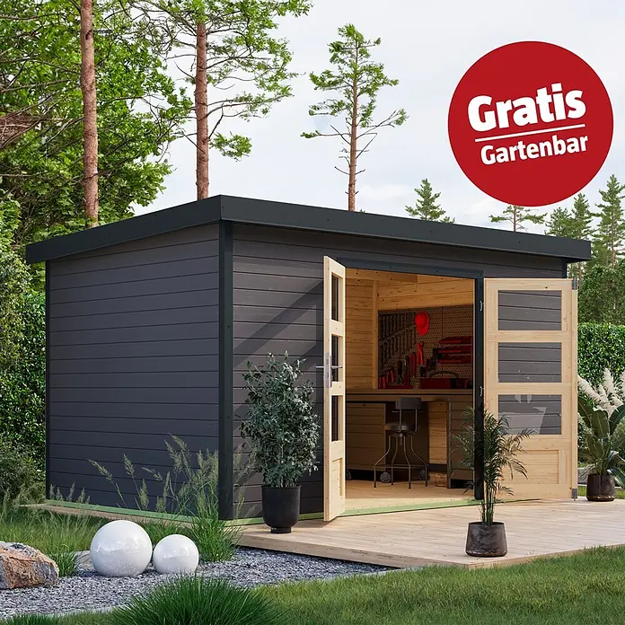 Karibu Gartenhaus Pluto 7 B - Außenmaß inkl. Dachüberstand (B x T): 390 x 273 cm, Holz, Terragrau/Anthrazit - Dunkelgraues Gartenhaus mit Holztüren in einer Gartenumgebung, als Werkstatt eingerichtet.