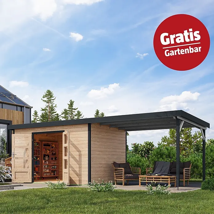 Karibu Gartenhaus Pluto 7 A - Außenmaß inkl. Dachüberstand (B x T): 692,5 x 273 cm, Holz, Naturbelassen/Anthrazit - Hölzernes Gartenhaus mit offenen Türen und Regalen, angebaut an eine Pergola mit Sitzgelegenheiten. Roter Promo-Kreis "Gratis Gartenbar".