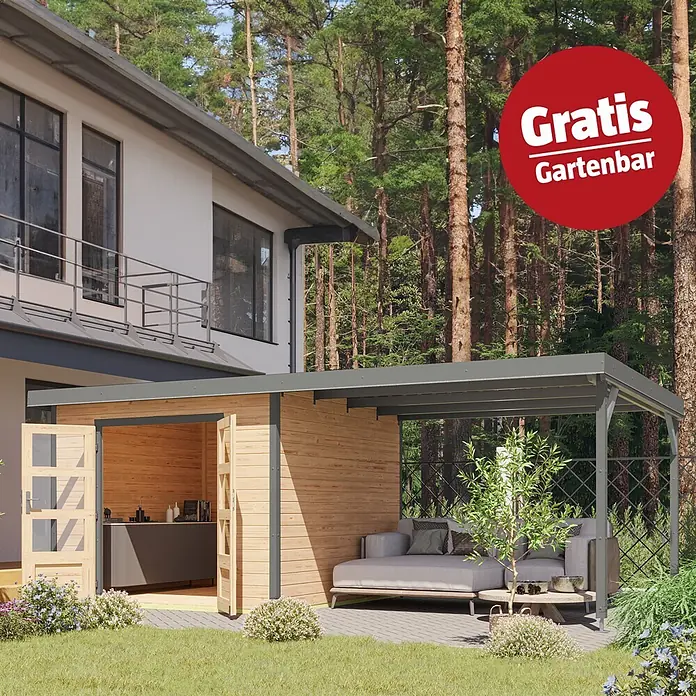 Karibu Gartenhaus Pluto 6 A - Außenmaß inkl. Dachüberstand (B x T): 595,5 x 292,4 cm, Holz, Naturbelassen/Grau - Modernes Gartenhaus aus Holz mit grauer Metallpergola und kostenloser Gartenbar, neben einem Haus im Grünen.