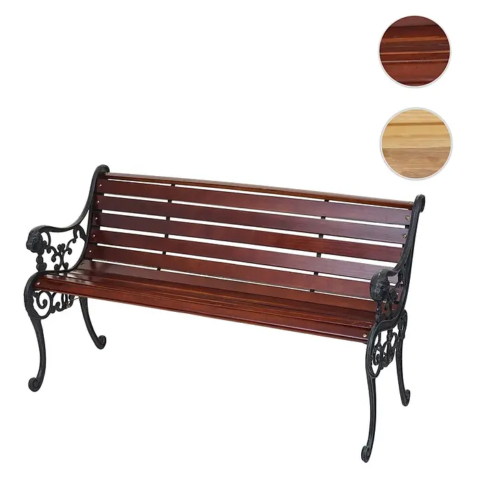 Proregal Gartenbank 2-Sitzer - B x T x H: 125 x 37 x 72 cm, Holz, Braun - Verzierte Gartenbank mit dunkelbraunen Holzlatten und schwarzem Gusseisengestell.