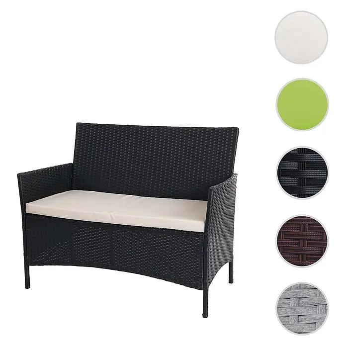 Proregal Gartenbank Halden mit Kissen Creme - Polyester, Grau - Schwarze Rattan-Gartenbank mit cremefarbenem Kissen; weitere Kissen- und Rattanfarben abgebildet.