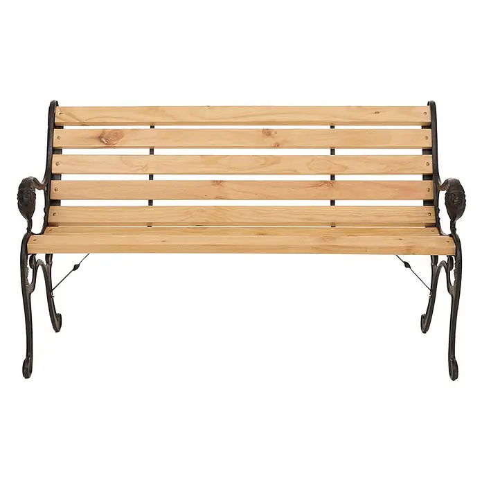 Proregal Gartenbank 2-Sitzer aus Holz - Holz, Beige - Eine Gartenbank mit hellen Holzlatten und einem dunklen, verzierten Gusseisengestell.