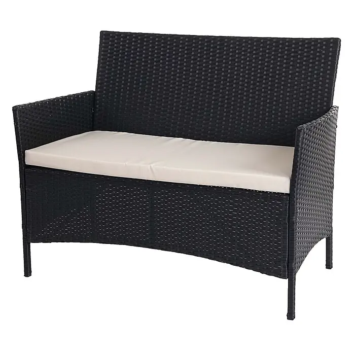 Proregal Gartenbank Halden mit Kissen Creme - Polyester, Grau - Zweisitzige schwarze Rattan-Gartenbank mit cremefarbenem Kissen.