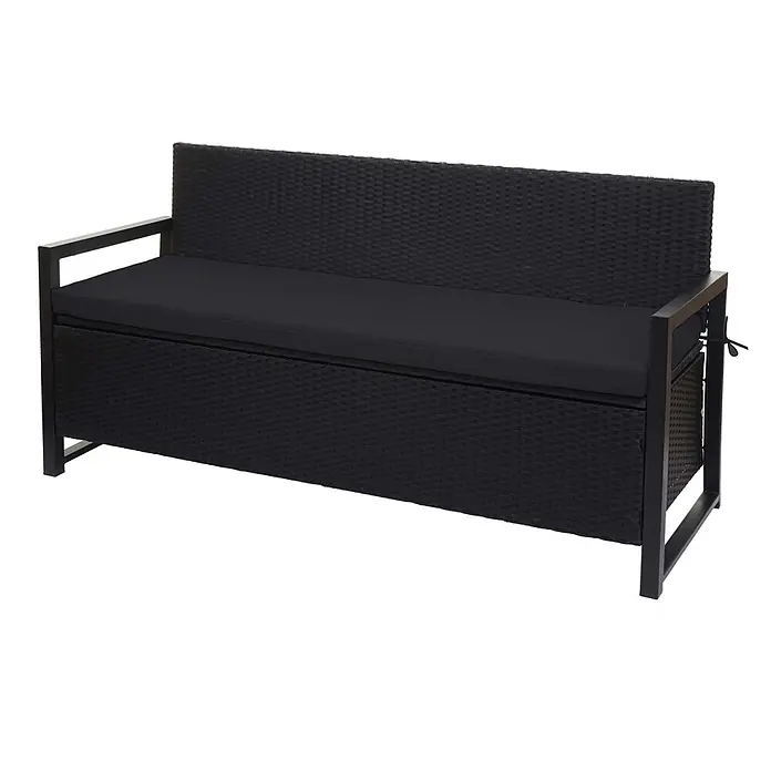 Proregal Gartenbank 3-Sitzer Kissen Schwarz - Polyester, Grau - Schwarze Rattan-Gartenbank mit Stauraum, schwarzem Kissen und Metallrahmen.