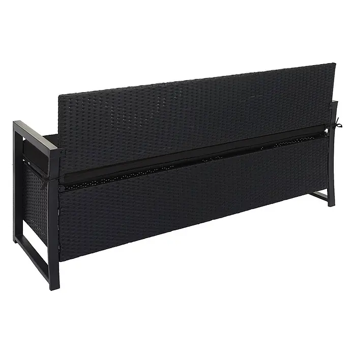 Proregal Gartenbank 3-Sitzer Kissen Schwarz - Polyester, Grau - Schwarze Rattan-Gartenbank mit Stauraum, Rückenlehne hochgeklappt, um den Innenraum zu zeigen.