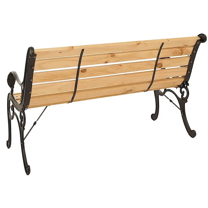 Proregal Gartenbank 2-Sitzer aus Holz - Holz, Beige - Gartenbank-Rückansicht mit hellen Holzlatten und dunklem, verschnörkeltem Gusseisenrahmen.