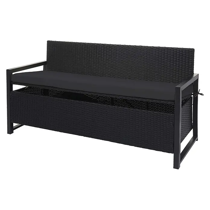 Proregal Gartenbank 3-Sitzer Kissen Schwarz - Polyester, Grau - Schwarze Polyrattan Gartenbank mit Metallrahmen, schwarzem Kissen und Stauraum.