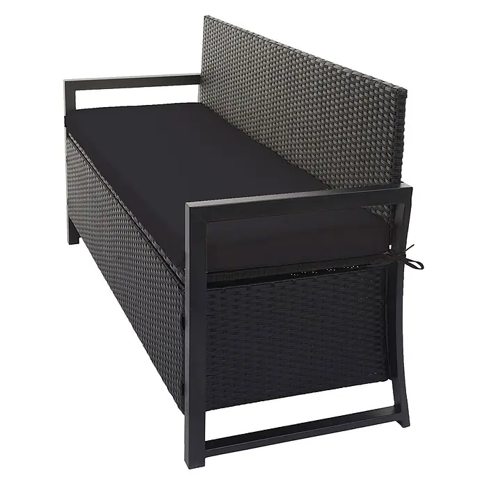 Proregal Gartenbank 3-Sitzer Kissen Schwarz - Polyester, Grau - Dunkelbraune Rattan-Gartenbank mit Stauraum, schwarzem Metallrahmen und schwarzem Kissen.