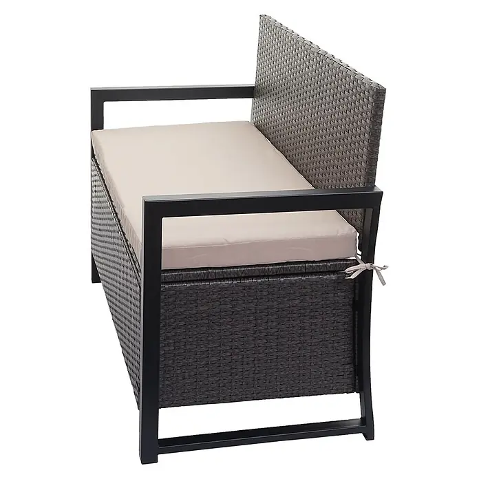 Proregal Gartenbank 2-Sitzer Kissen Beige - Polyester, Grau - Dunkelgraue Rattan-Gartenbank mit schwarzem Metallrahmen, beigem Kissen und integriertem Stauraum.