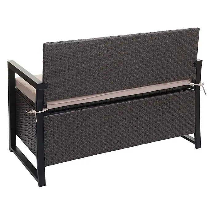 Proregal Gartenbank 2-Sitzer Kissen Beige - Polyester, Grau - Dunkelbraune Rattan-Gartenbank mit Stauraum, schwarzem Rahmen und beigem Kissen. Die Rückenlehne ist teilweise geöffnet und zeigt das Staufach.