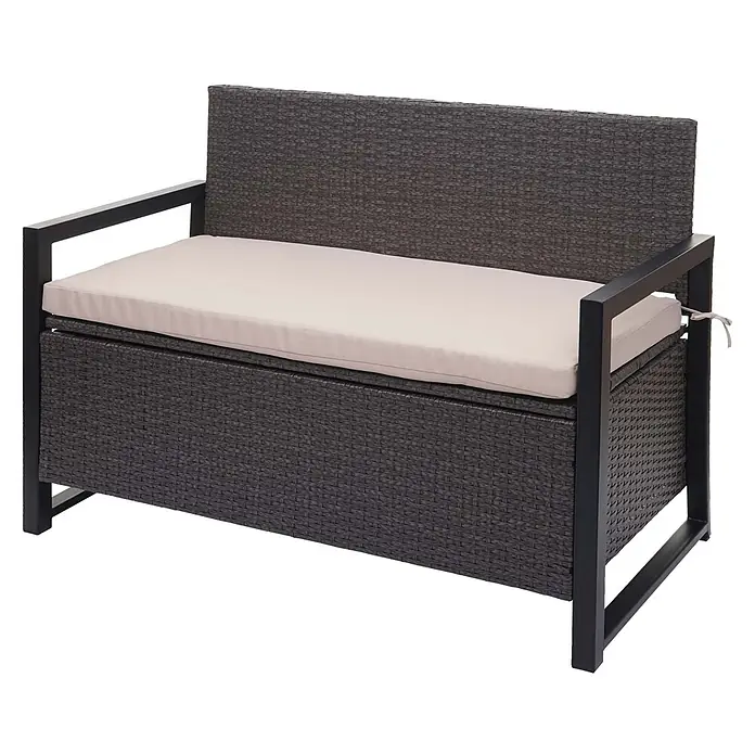 Proregal Gartenbank 2-Sitzer Kissen Beige - Polyester, Grau - Dunkelgraue Rattan-Gartenbank mit Stauraum, schwarzem Gestell und beigem Kissen.