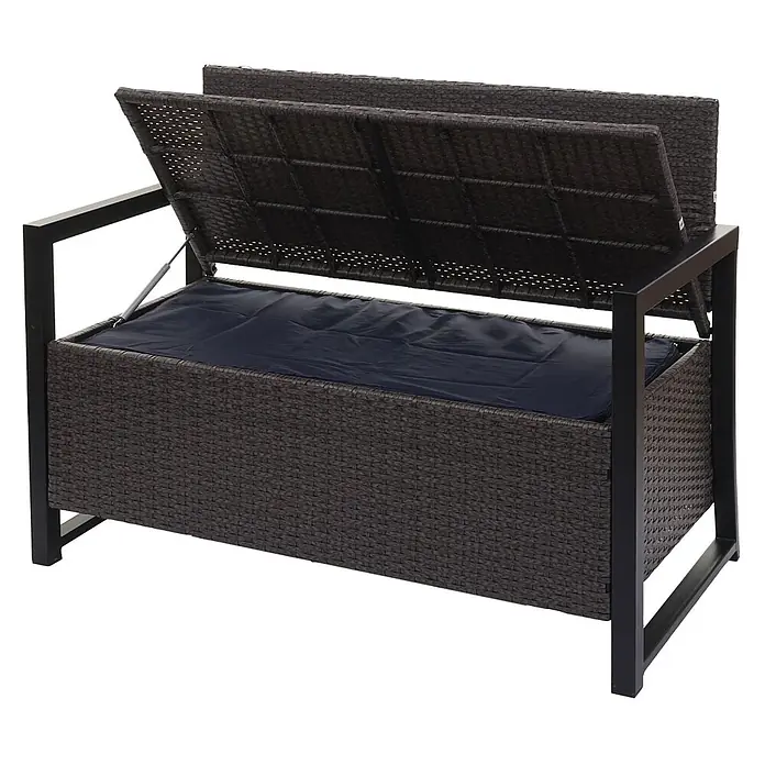 Proregal Gartenbank 2-Sitzer Kissen Beige - Polyester, Grau - Dunkelbraune Rattan-Gartenbank mit schwarzem Metallrahmen und geöffnetem Deckel, der eine blaue Innenverkleidung zeigt, gestützt von Gasfedern.