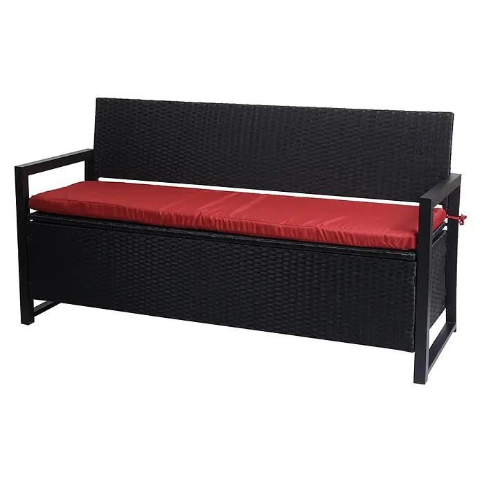 Proregal Gartenbank 3-Sitzer Kissen Bordeaux - Polyester, Grau - Schwarze Rattan-Stil Outdoor-Sitzbank mit Metallrahmen und rotem Kissen.