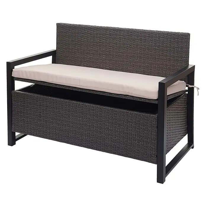 Proregal Gartenbank 2-Sitzer Kissen Beige - Polyester, Grau - Dunkelgraue Rattan-Sitzbank mit schwarzem Metallrahmen und hellbeigem Kissen, mit Stauraum unter dem Sitz.