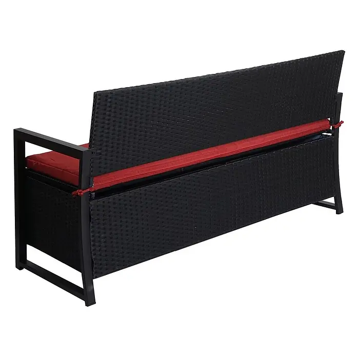 Proregal Gartenbank 3-Sitzer Kissen Bordeaux - Polyester, Grau - Schwarze Rattan-Gartenbank mit Stauraum, schwarzem Metallrahmen und roten Polstern.
