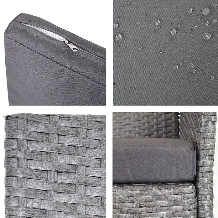 Proregal Gartenbank Kissen Anthrazit - Polyester, Grau - Details grauer Outdoor-Möbel: wasserabweisendes Kissen mit Reißverschluss und graues Korbgeflecht.