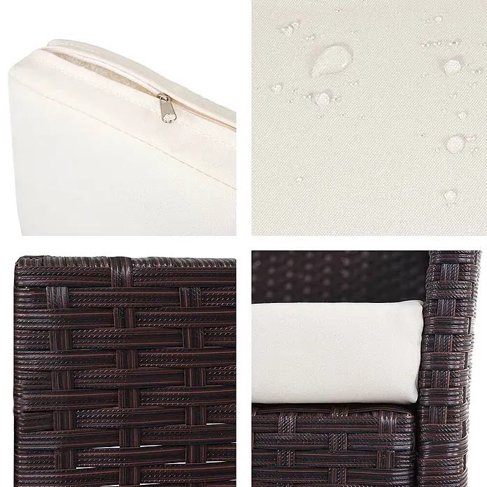 Proregal Gartenbank 3-Sitzer Kissen Creme - Polyester, Braun - Details eines braunen Rattan-Gartenstuhls mit cremefarbenen, wasserabweisenden Reißverschlusskissen.