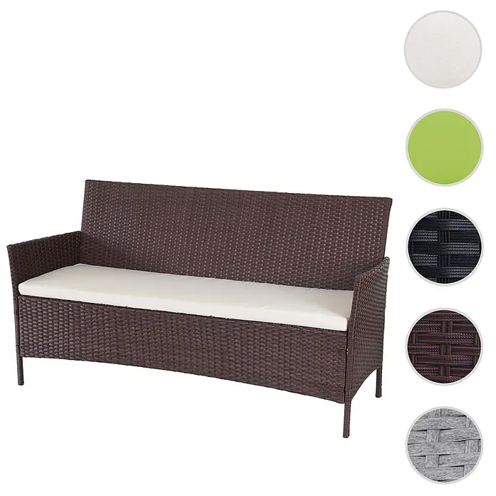 Proregal Gartenbank 3-Sitzer Kissen Creme - Polyester, Braun - Braune Rattan-Gartenbank mit cremefarbenem Kissen. Muster für schwarzes/graues Rattan und weiße/grüne Kissen enthalten.