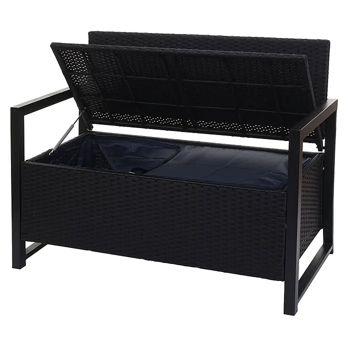 Proregal Gartenbank 2-Sitzer Kissen Grau - Polyester, Grau - Schwarze Rattan-Gartenbank mit Metallrahmen und offener Klappe, die eine blaue, wasserdichte Innenverkleidung zeigt.