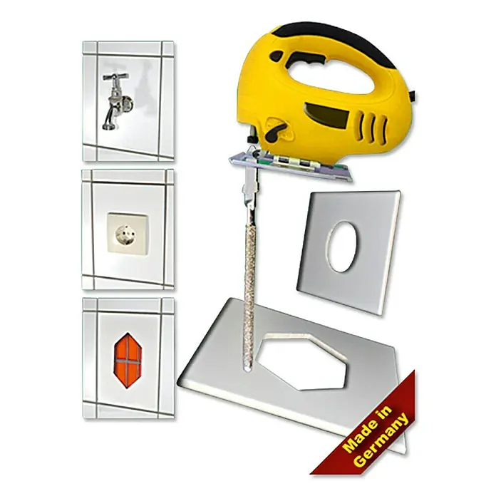 Heka Fliesenfräser - Diamantbeschichtet - Hochformatiges Bild eines gelben Stichsägen-Sets mit verschiedenen Platten zum Schneiden von Formen und „Made in Germany“-Siegel.