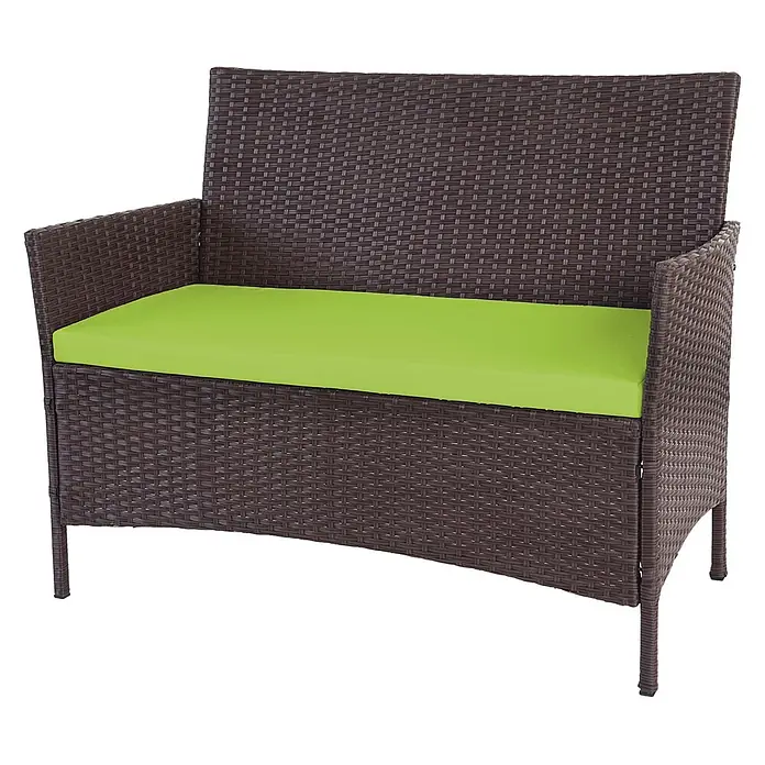 Proregal Gartenbank Kissen Grün - Polyester, Braun - Braune Rattan-Zweisitzer-Gartenbank mit leuchtend grünem Kissen.