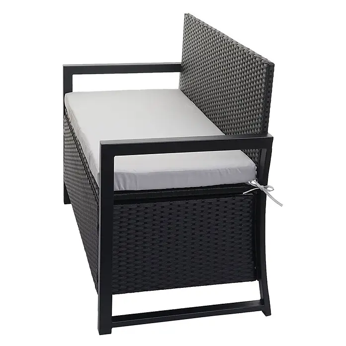 Proregal Gartenbank 2-Sitzer Kissen Grau - Polyester, Grau - Schwarze Metall-Gartenbank mit schwarzem Polyrattan-Geflecht und hellgrauem Kissen.