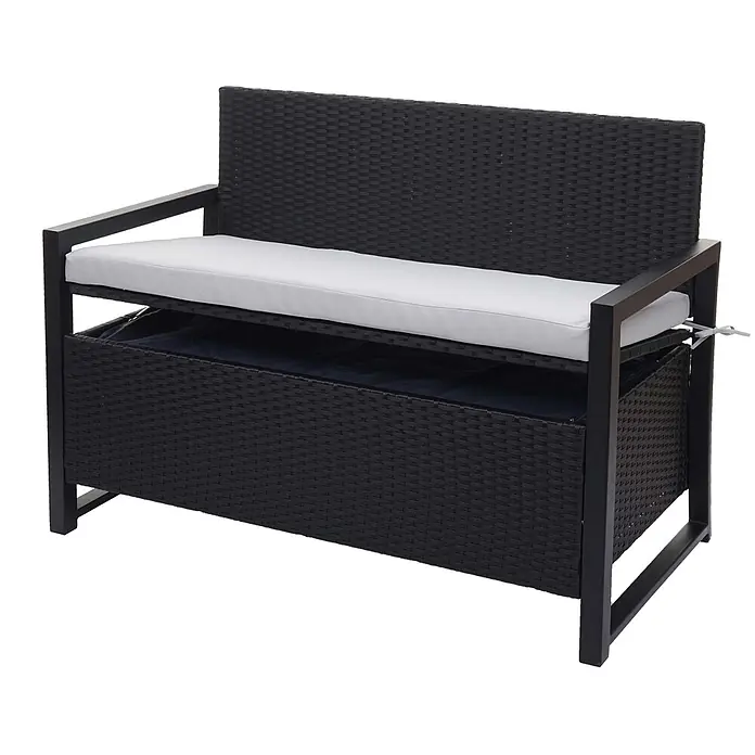Proregal Gartenbank 2-Sitzer Kissen Grau - Polyester, Grau - Schwarze Polyrattan-Sitzbank mit weißem Kissen und Stauraum.