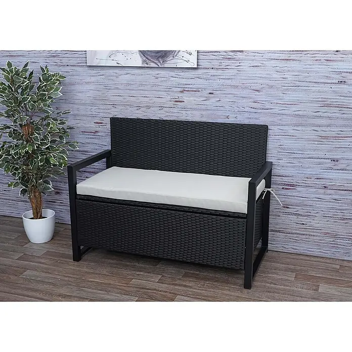 Proregal Gartenbank 2-Sitzer Kissen Grau - Polyester, Grau - Schwarze Rattan-Sitzbank mit Stauraum und hellem Kissen.