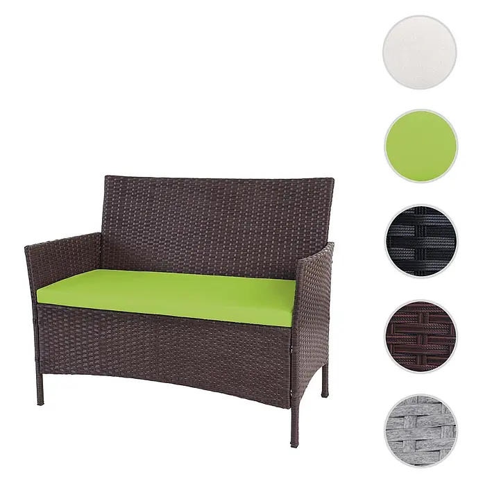 Proregal Gartenbank Kissen Grün - Polyester, Braun - Dunkelbraunes Rattan-Gartensofa für zwei Personen mit hellgrünem Kissen. Inkl. Farbmuster für andere Optionen.