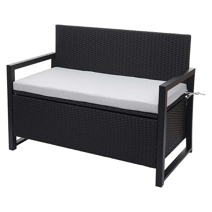 Proregal Gartenbank 2-Sitzer Kissen Grau - Polyester, Grau - Schwarze Rattan-Gartenbank mit schwarzem Metallrahmen, weißem Kissen und integriertem Stauraum.
