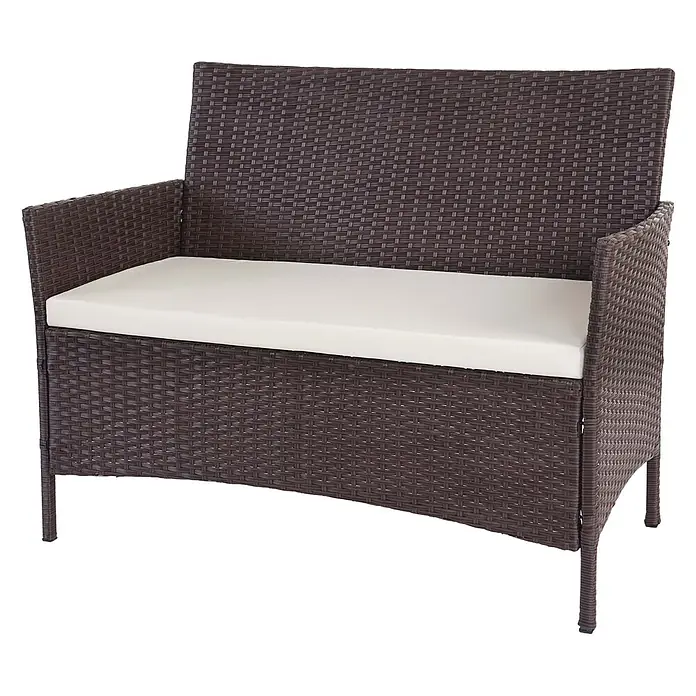 Proregal Gartenbank Kissen Creme - Polyester, Braun - Braune Rattanimitat-Gartenbank für zwei Personen mit weißem Kissen.