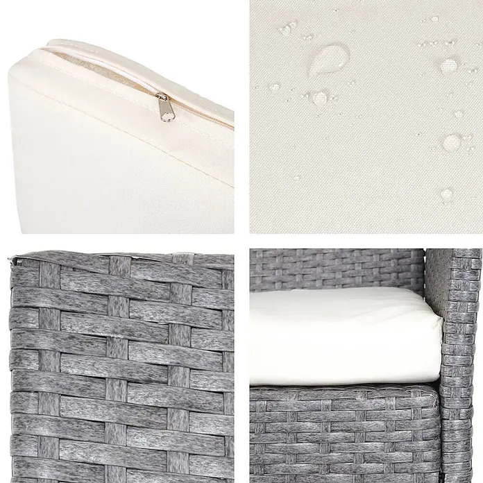 Proregal Gartenbank 3-Sitzer Kissen Creme - Polyester, Grau - Graue Outdoor-Geflechtmöbel mit hellen, abnehmbaren, wasserabweisenden Polstern.