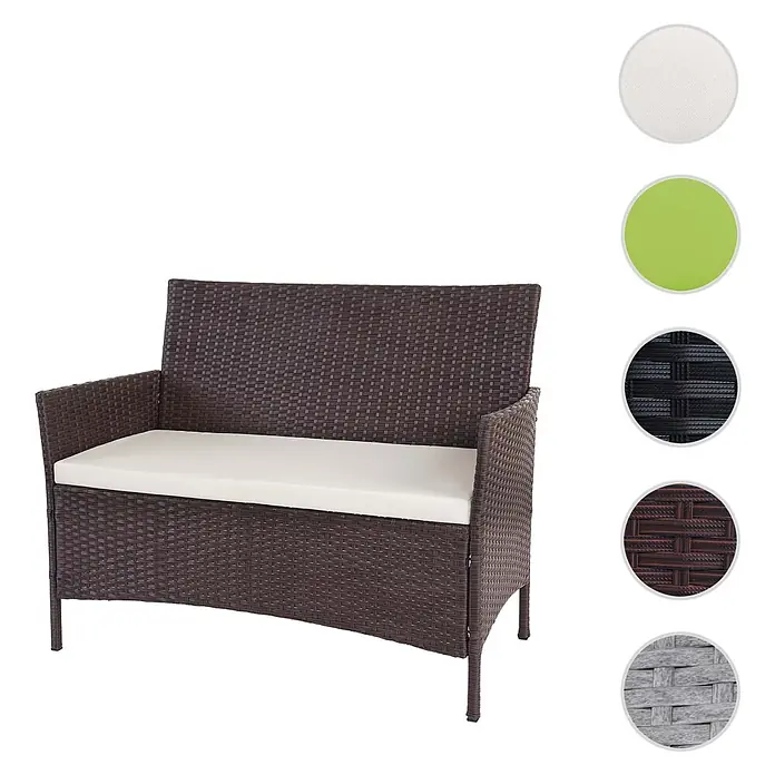 Proregal Gartenbank Kissen Creme - Polyester, Braun - Braune Outdoor-Rattanbank mit cremefarbenem Kissen, gezeigt mit zusätzlichen Material- und Farbmustern.