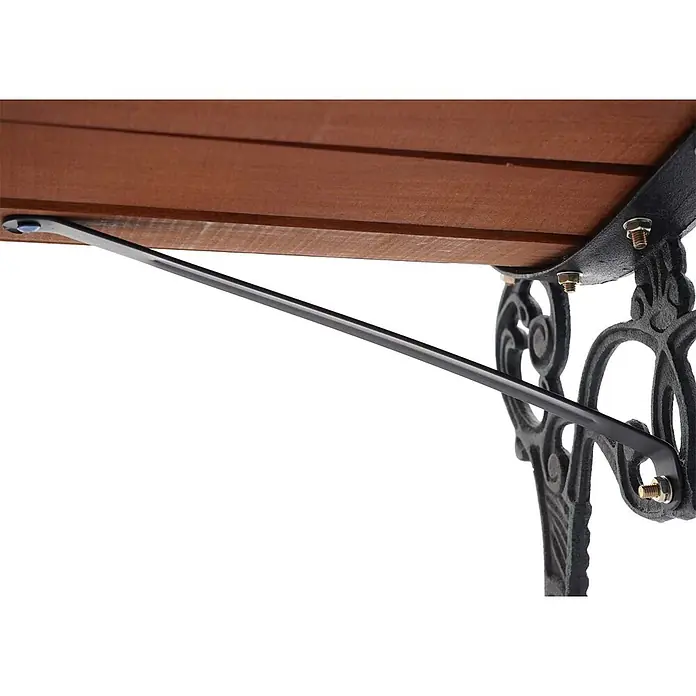 Proregal Gartenbank 2-Sitzer - B x T x H: 125 x 37 x 72 cm, Holz, Braun - Nahaufnahme einer braunen Holzbank mit schwarzem Gusseisenbein und einer stabilisierenden Metallstrebe.