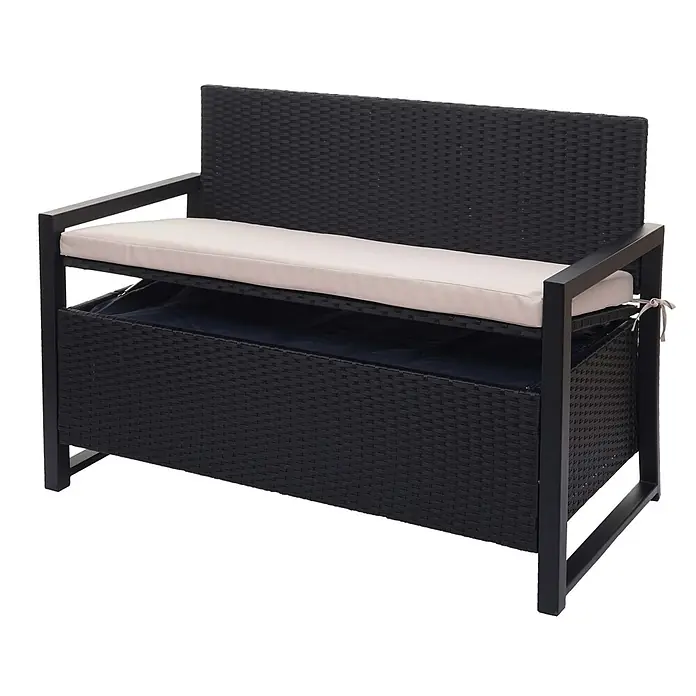 Proregal Gartenbank 2-Sitzer Kissen Beige - Polyester, Grau - Schwarze Rattan-Sitzbank mit Metallrahmen und hellem Kissen, inklusive Stauraum mit blauer Innenauskleidung.