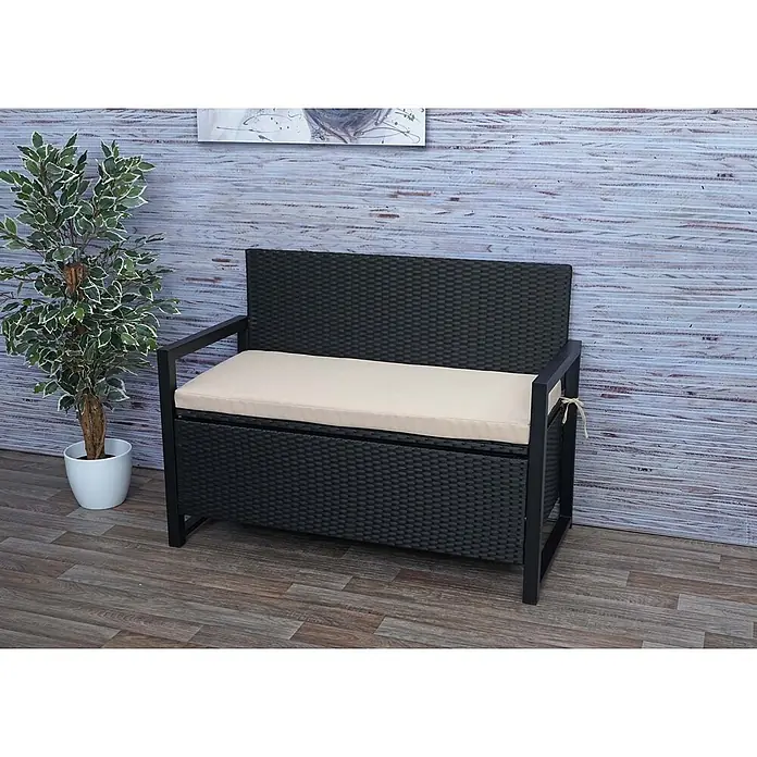 Proregal Gartenbank 2-Sitzer Kissen Beige - Polyester, Grau - Schwarze Rattan-Sitzbank mit Stauraum und beigem Kissen.