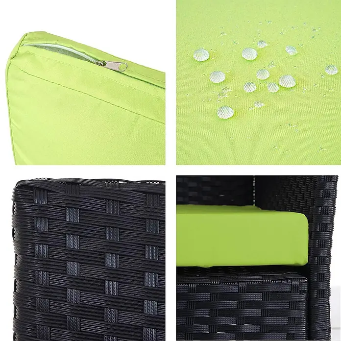 Proregal Gartenbank 3-Sitzer Kissen Grün - Polyester, Grau - Limettengrüne, wasserabweisende Kissen mit Reißverschlüssen auf schwarzen Polyrattan-Gartenmöbeln.