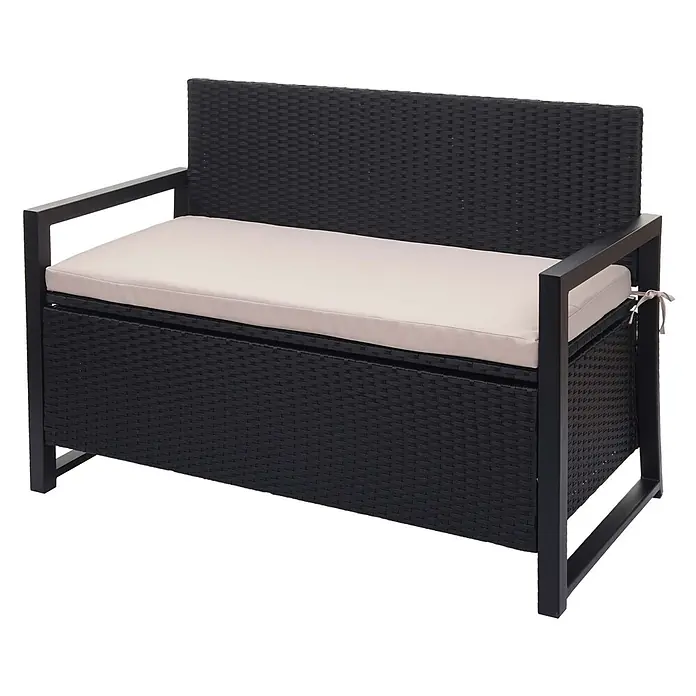 Proregal Gartenbank 2-Sitzer Kissen Beige - Polyester, Grau - Schwarze Rattan-Sitzbank mit schwarzem Metallrahmen und hellbeigem Kissen, mit integriertem Stauraum.
