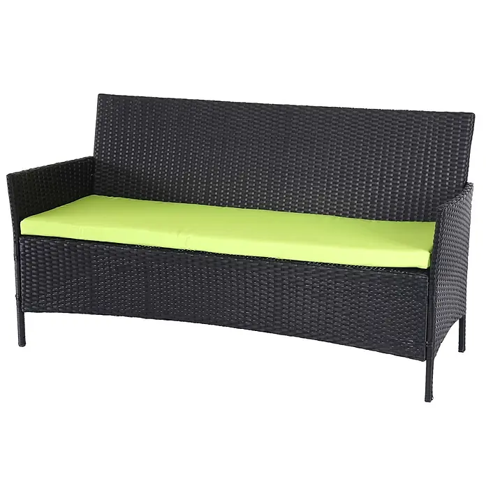 Proregal Gartenbank 3-Sitzer Kissen Grün - Polyester, Grau - Schwarze Rattan-Gartenbank mit leuchtend grünem Sitzkissen.