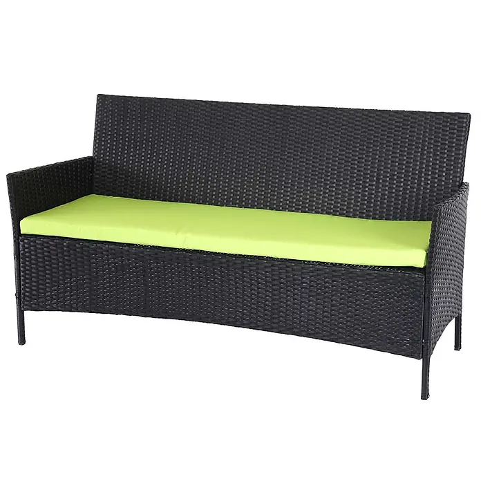 Proregal Gartenbank 3-Sitzer Kissen Grün - Polyester, Grau - Schwarzes Rattan-Optik Outdoor-Sofa mit hellgrünem Kissen.