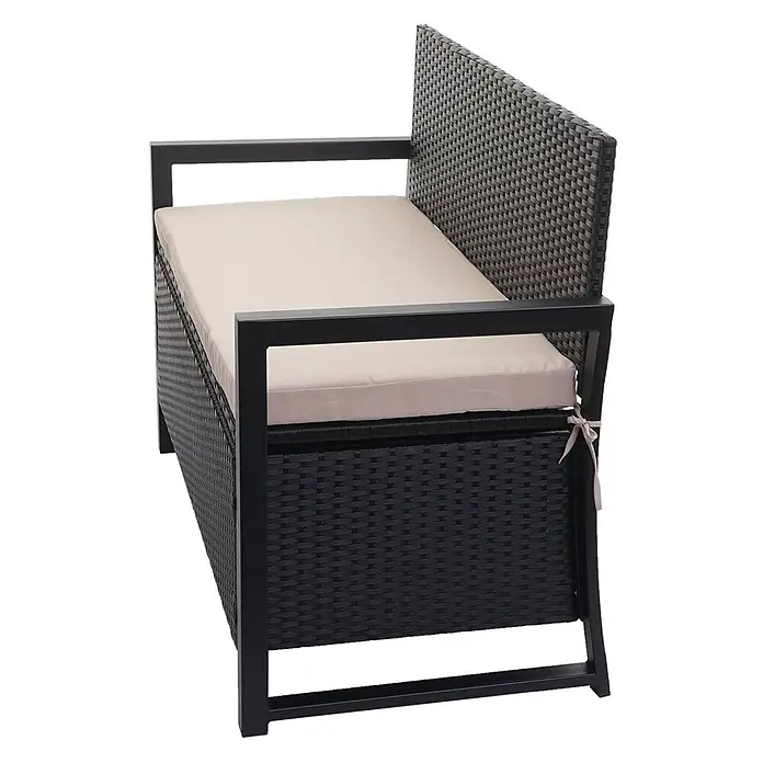 Proregal Gartenbank 2-Sitzer Kissen Beige - Polyester, Grau - Geflochtene Garten-Aufbewahrungsbank mit schwarzem Rahmen, Armlehnen und beigem Kissen.
