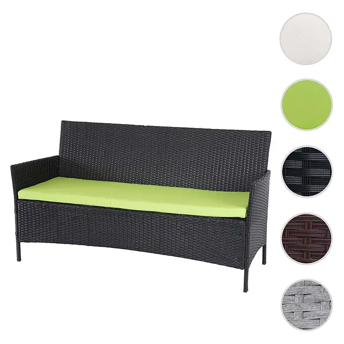 Proregal Gartenbank 3-Sitzer Kissen Grün - Polyester, Grau - Dunkle Rattan-Gartenbank mit hellgrünem Kissen, verschiedene Farboptionen werden gezeigt.