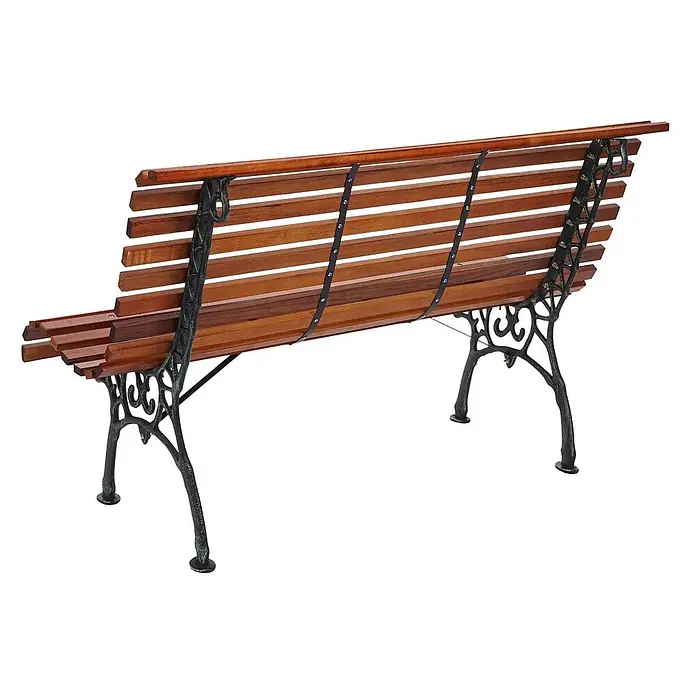 Proregal Gartenbank 2-Sitzer - Holz, Braun - Holzlattenbank mit dunklem, verziertem Gusseisengestell und -beinen, von hinten gesehen.