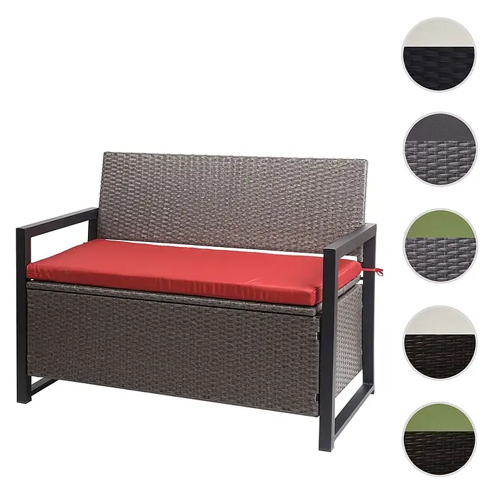 Proregal Gartenbank 2-Sitzer Kissen Rot - Polyester, Grau - Braun/graue Rattan-Sitzbank mit Stauraum, schwarzem Metallrahmen und rotem Kissen.