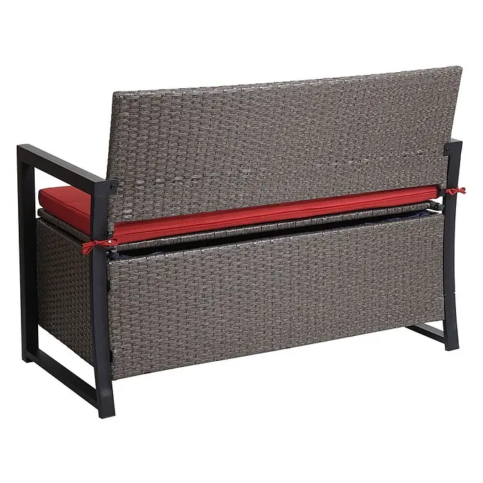 Proregal Gartenbank 2-Sitzer Kissen Rot - Polyester, Grau - Grau-braune Rattan-Aufbewahrungsbank mit schwarzem Metallrahmen und roten Polstern, von hinten gezeigt.