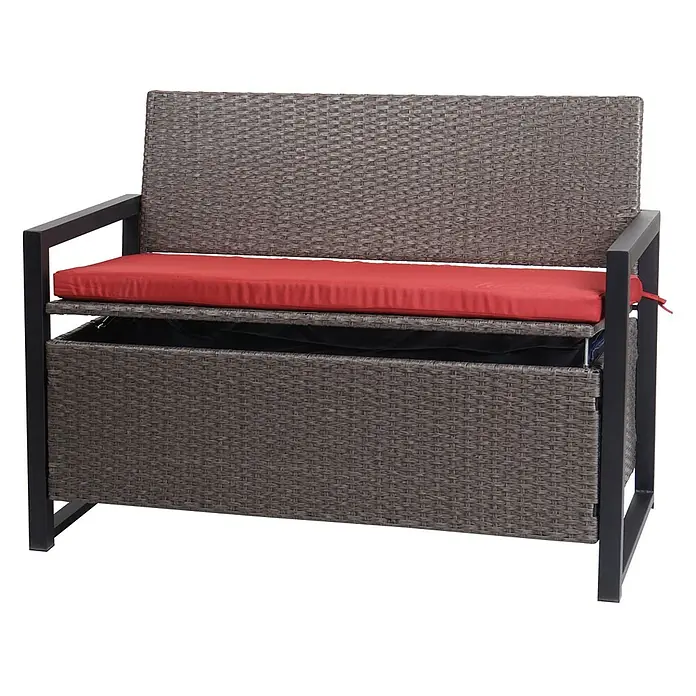 Proregal Gartenbank 2-Sitzer Kissen Rot - Polyester, Grau - Graue Rattan-Gartenbank mit Stauraum, schwarzem Metallgestell und rotem Kissen. Sitzfläche hochklappbar.